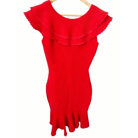 MILLY Red Textured Knit Off-The-Shoulder Flounce Knee Length Cocktail Dress M - Picture 7 of 9